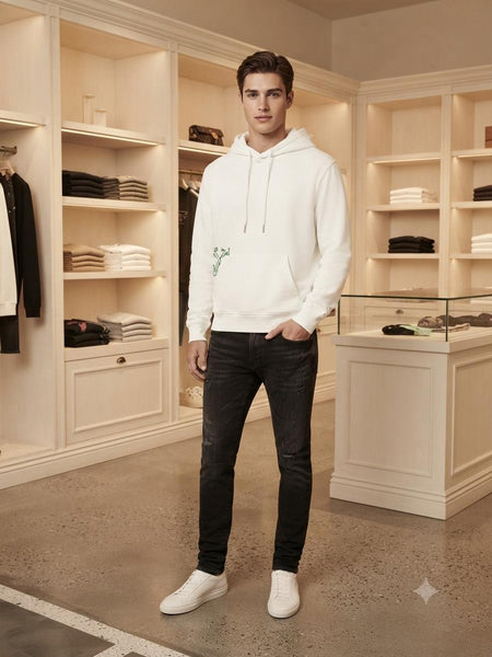 Premium White Oversized Hoodie with Front Pocket & Graphic Detail