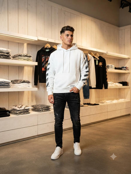 Premium White Graphic Sleeve Hoodie with Kangaroo Pocket