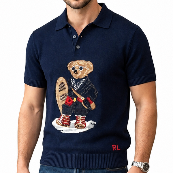 Classic Knit Polo T Shirt with Intarsia Bear Graphic