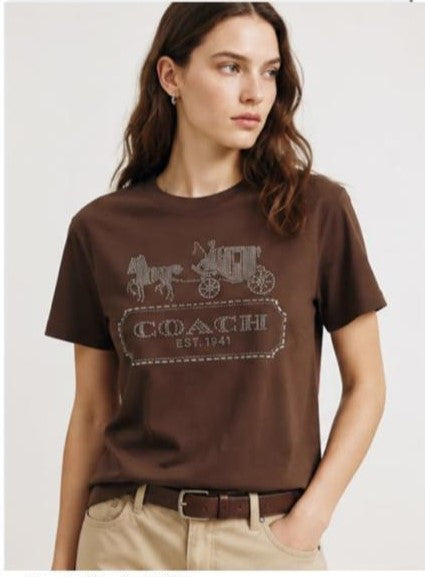 Premium Women Crystal-Embellished Horse and Carriage Logo T-Shirt