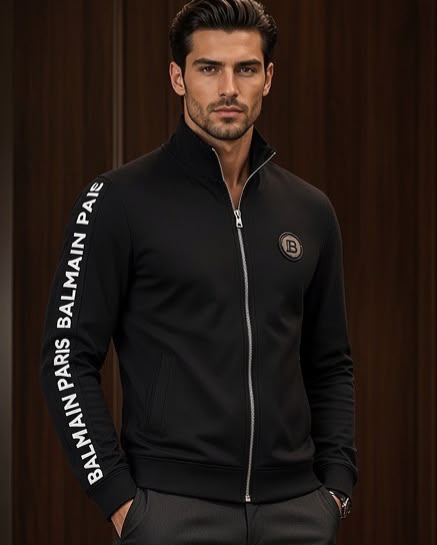 Sleek Black Zip-Up Sweatshirt with Sleeve Lettering for Men
