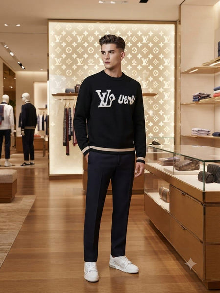 Premium Navy Knit Sweater with Bold White Lettering