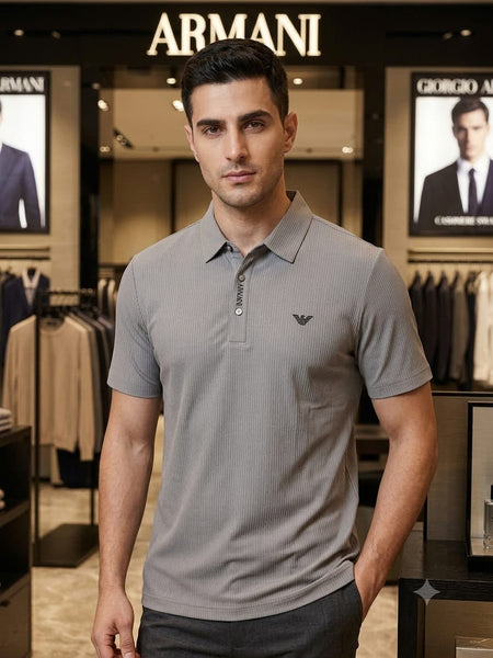 Luxury High-End Grey Ribbed Polo T-Shirt – Premium Quality Everyday Essential