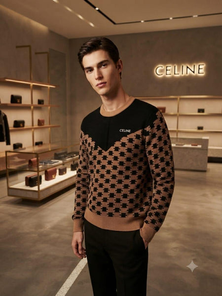 Premium Brown Patterned Knit Sweater with Contrast Yoke