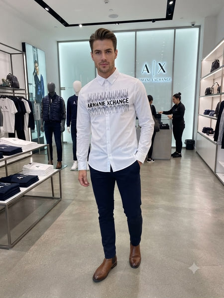 Premium Men White Button-Down Shirt with Bold Front Graphic