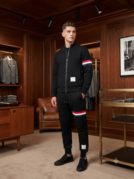 Premium Exclusive High End Quality Imported Tracksuit Available Now – Luxury Black Textured Collection with Contrast Stripe Details in Soft Premium Finish