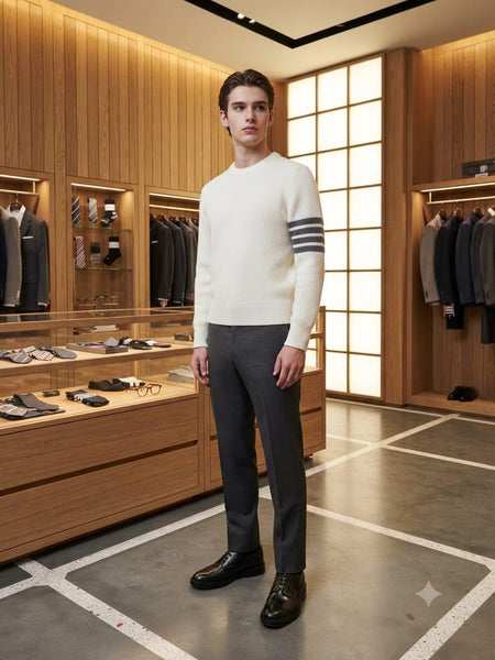 Premium Exclusive High End Quality Imported Authentic Quality Pullover Available Now – Luxury White Ribbed Knit Collection with Sleeve Stripe Detail in Soft Premium Finish