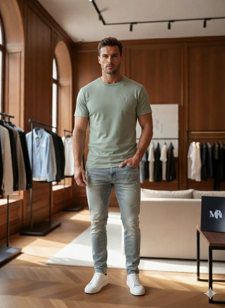 Premium Exclusive High-End Quality Soft Sage Drop Shoulder Crew-Neck Tee