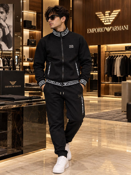 Premium Exclusive High-End Quality Black Full-Zip Tracksuit Set with Logo Trim