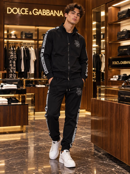 Premium Exclusive High-End Quality Black Full-Zip Tracksuit Set with Side Logo Tapes