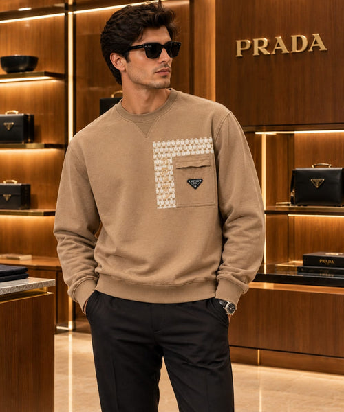 Premium Exclusive High-End Quality Camel Crew-Neck Sweatshirt with Patterned Panel
