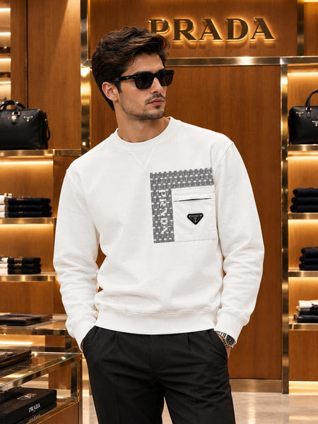 Premium Exclusive High-End Quality White Crew-Neck Sweatshirt with Patterned Panel