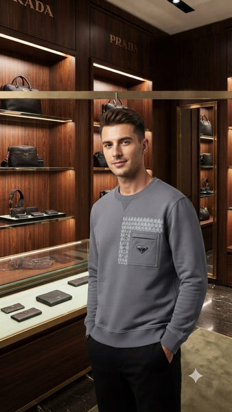 Premium Exclusive High-End Quality Grey Crew-Neck Sweatshirt with Patterned Panel