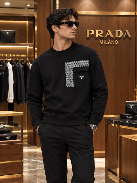 Premium Exclusive High-End Quality Black Crew-Neck Sweatshirt with Patterned Panel