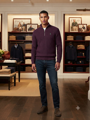 Premium Exclusive High-End Quality Burgundy Ribbed Quarter-Zip Pullover