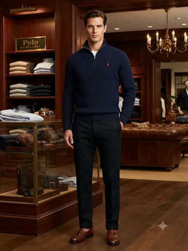 Premium Exclusive High-End Quality Navy Ribbed Quarter-Zip Pullover