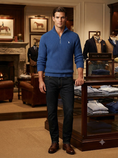 Premium Exclusive High-End Quality Blue Ribbed Quarter-Zip Pullover