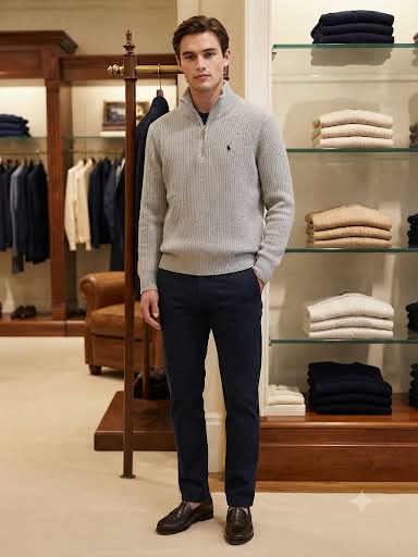 Premium Exclusive High-End Quality Light Grey Ribbed Quarter-Zip Pullover