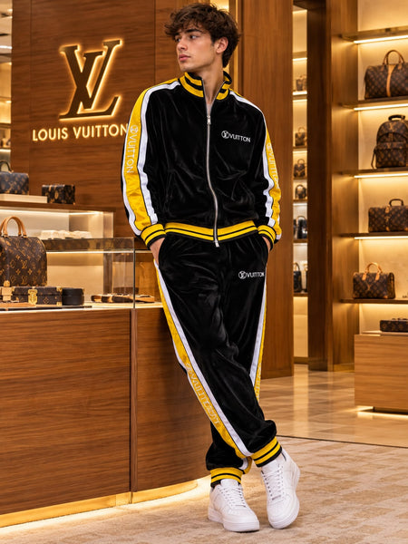Premium Exclusive High-End Quality Black Velvet Tracksuit Set with Contrast Side Stripes