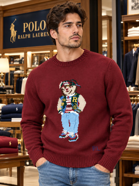 Premium Exclusive High-End Quality Burgundy Crew-Neck Knit Pullover with Bear Graphic