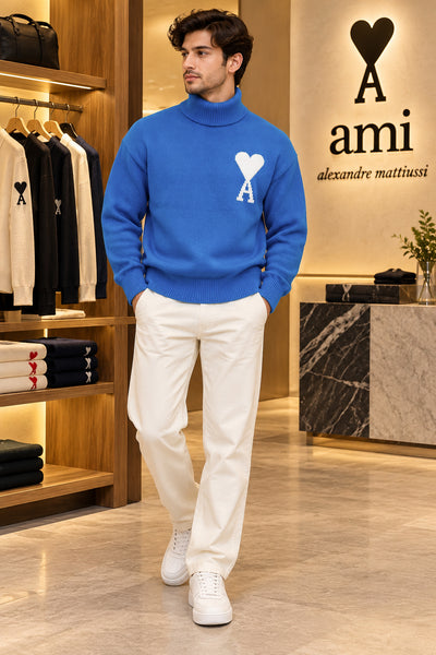 Premium Exclusive High-End Quality Bright Blue Soft Knit Turtleneck Pullover