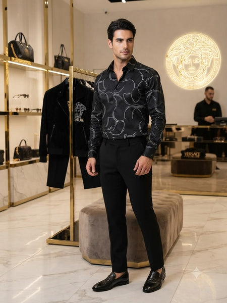 Premium Exclusive High-End Quality Black Geometric Print Long Sleeve Shirt