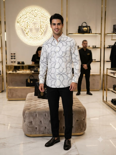 Premium Exclusive High-End Quality White Geometric Print Long Sleeve Shirt