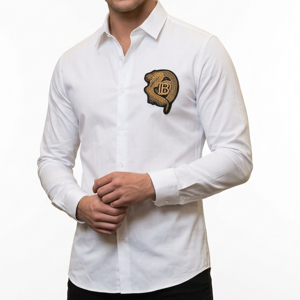 Premium Exclusive High-End Quality White Regular Fit Button-Down Shirt with Crest Emblem