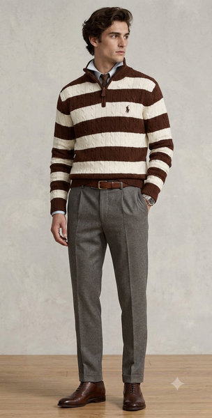 Premium Exclusive High-End Quality Striped Cable Knit Quarter-Zip Pullover