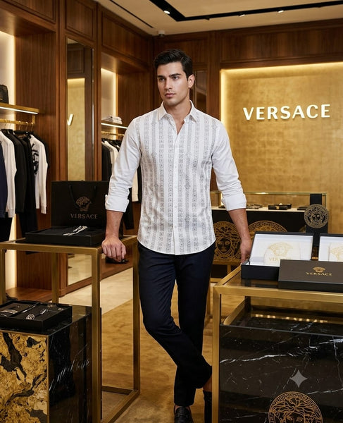 Premium Exclusive High-End Quality White Geometric Stripe Long Sleeve Shirt