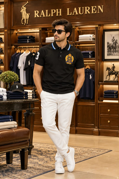Premium Exclusive High-End Quality Black Crest Logo Short Sleeve Polo T-Shirt