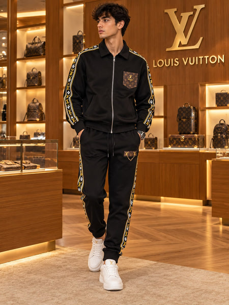 Premium Exclusive High-End Quality Black Tracksuit Set with Patterned Side Stripes
