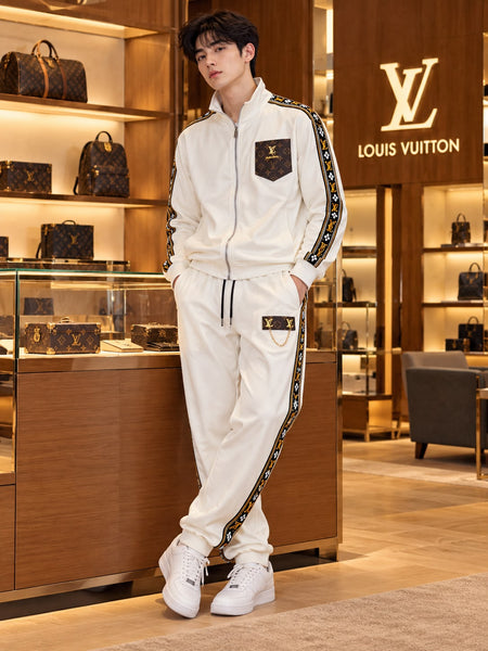 Premium Exclusive High-End Quality White Tracksuit Set with Patterned Side Stripes