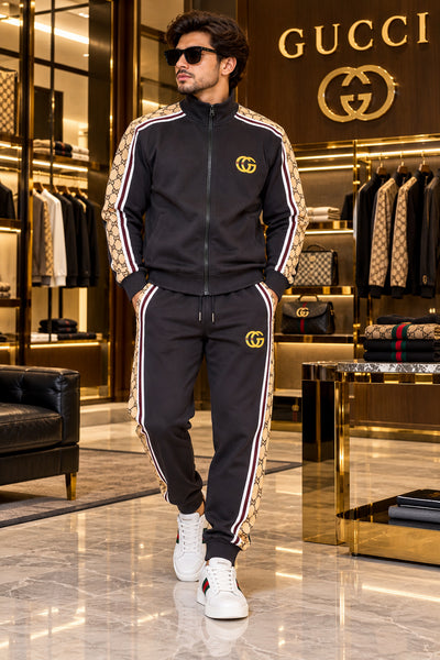 Premium Exclusive High-End Quality Dark Grey Tracksuit Set with Patterned Side Panels