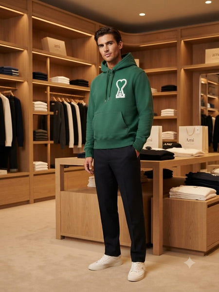 Premium Exclusive High-End Quality Forest Green Hoodie with Heart Logo Detail