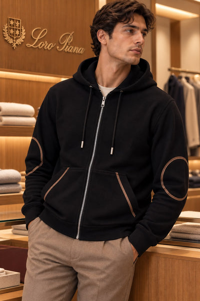 Premium Exclusive High-End Quality Black Full-Zip Hoodie with Elbow Patch Detail