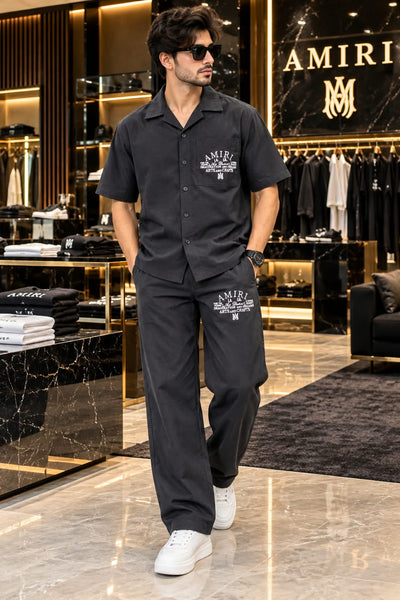 Premium Exclusive All-Black Co-Ord Set – Camp Collar Shirt & Drawstring Pants
