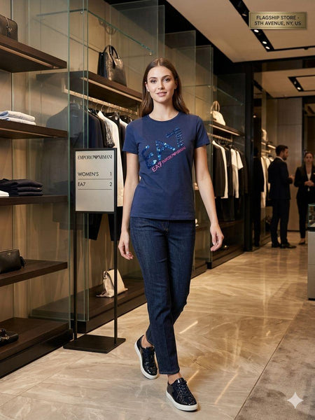Premium Exclusive Navy Blue Sequin Graphic Ladies T-Shirt