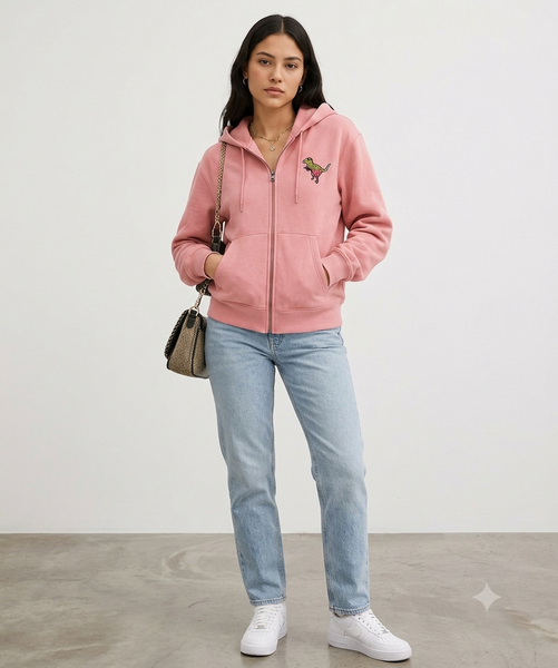 Premium Exclusive Soft Dinosaur Embroidered Zip Hoodie