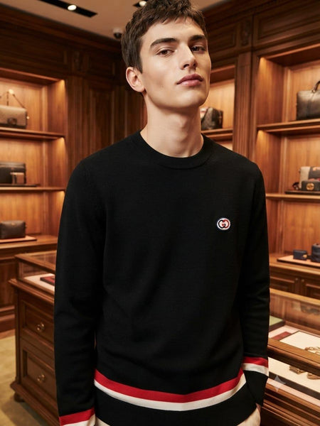 Premium Exclusive Black Contrast Stripe Crew-Neck Pullover