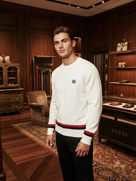 Premium Exclusive High-End Authentic White Crew-Neck Pullover with Classic Stripe Accents