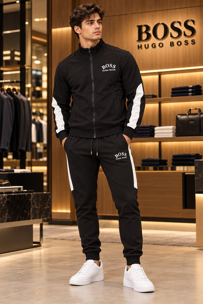 Premium Exclusive High-End Authentic Black Tracksuit Set with White Contrast Stripes