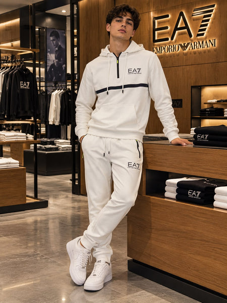 Premium Exclusive High-End Authentic White Tracksuit Set with Contrast Stripe Detail