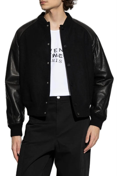 Premium Exclusive High-End Authentic Black Wool-Blend Bomber Jacket with Leather Sleeves