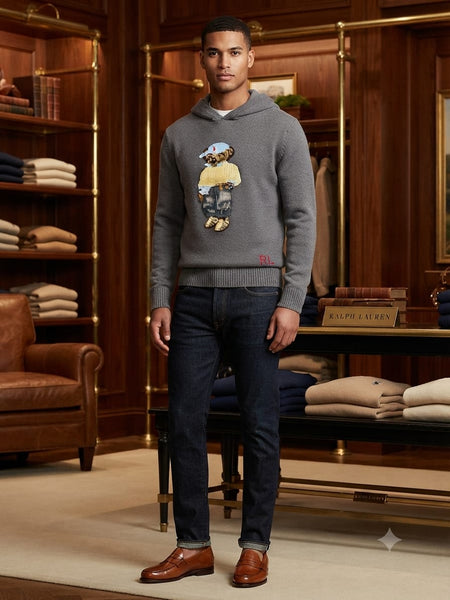 Premium Exclusive High-End Authentic Knit Hoodie with Embroidered Bear Graphic