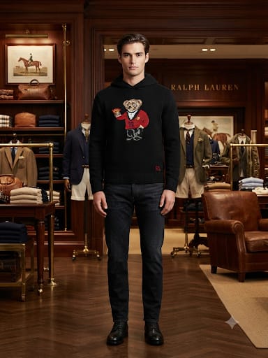 Premium Exclusive High-End Authentic Knit Hoodie with Embroidered Bear Graphic