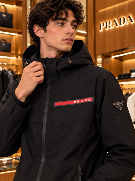 Branded  Black Technical Hooded Jacket  Luxury Performance Meets Minimalist Design