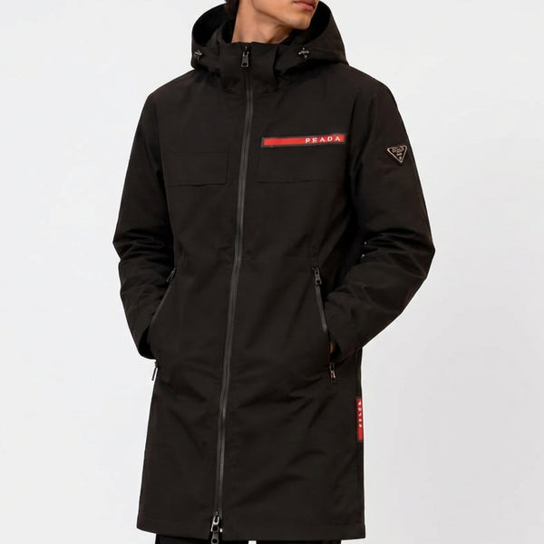 Branded  Black Technical Hooded Jacket  Luxury Performance Meets Minimalist Design