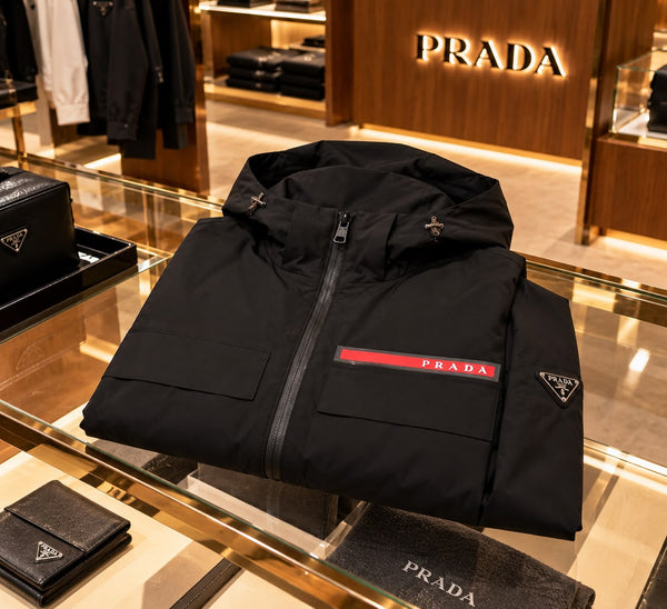 Branded  Black Technical Hooded Jacket  Luxury Performance Meets Minimalist Design