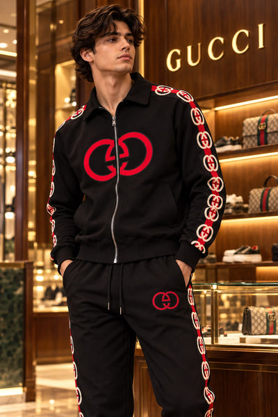 Premium Exclusive High-End Authentic Black Tracksuit Set with Contrast Sleeve & Side Stripes